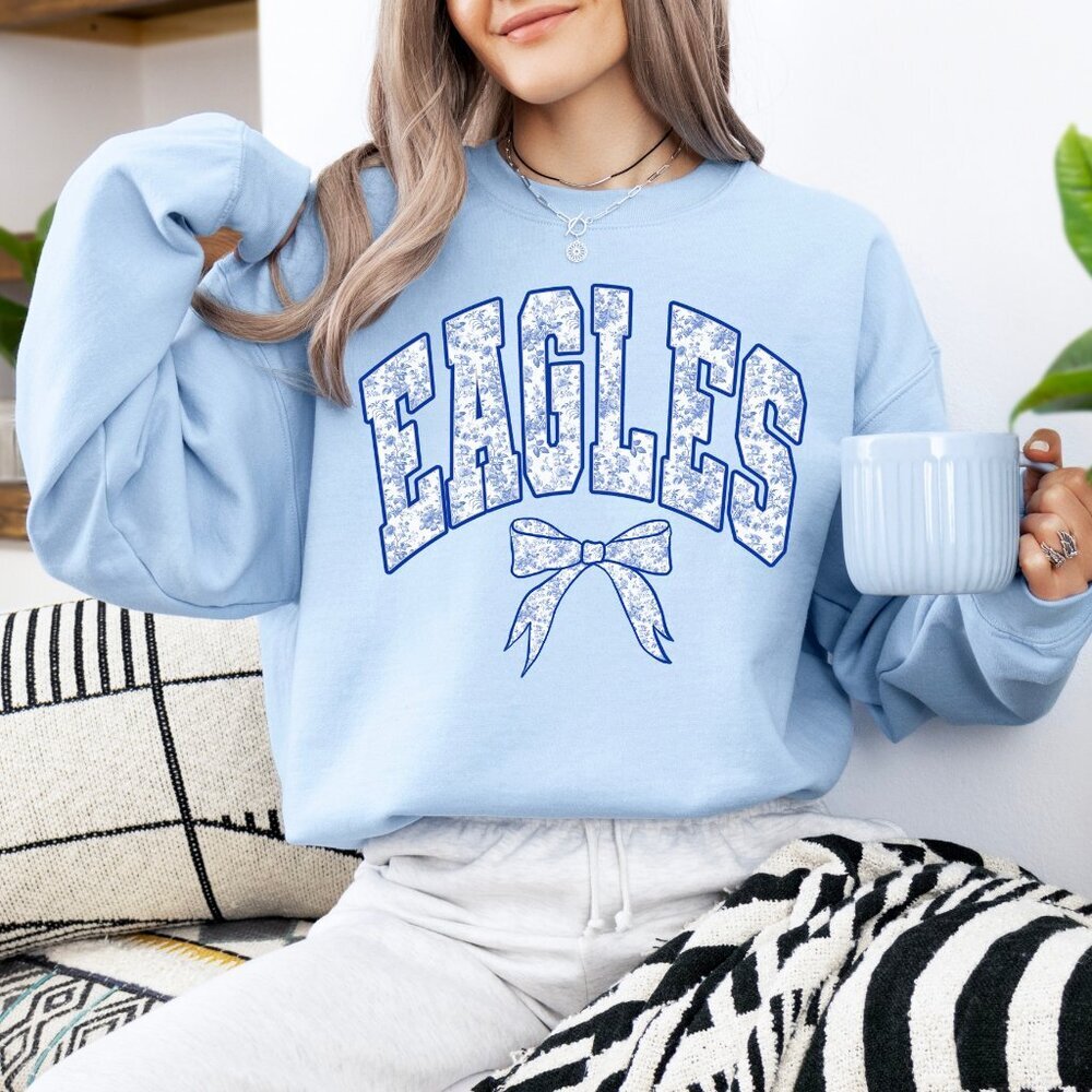 Custom College Merch Sweatshirt Women Blue Toile Floral Print , ANY COLLEGE Name - Picture 3 of 9